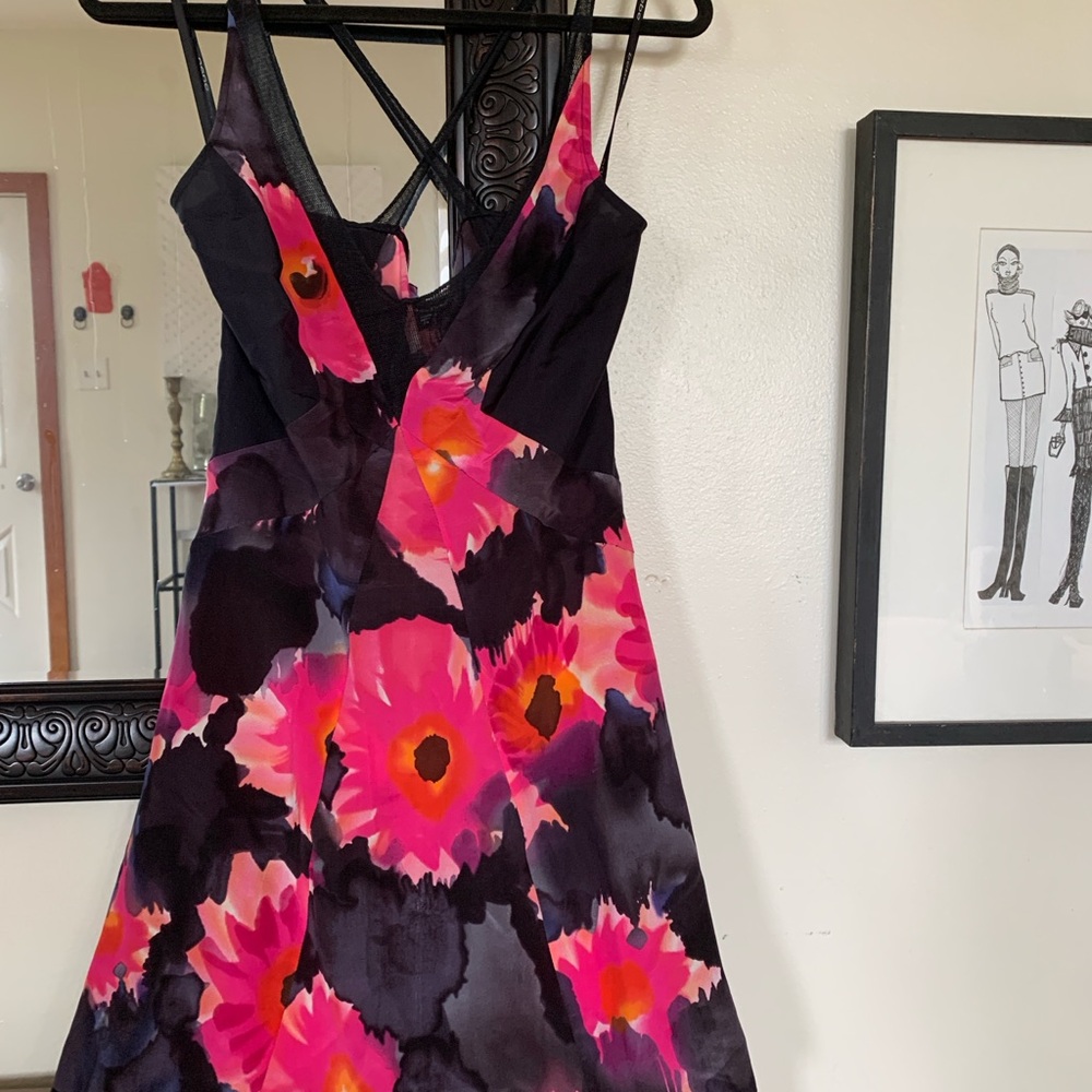 Bebe Y2K Silk Floral Crisscross Mesh Mini Dress